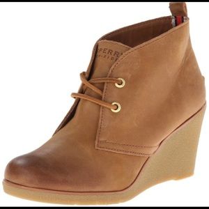 Womens Sperry Top-Sider Harlow Shoes Cognac Leather Ankle Wedge Boot
